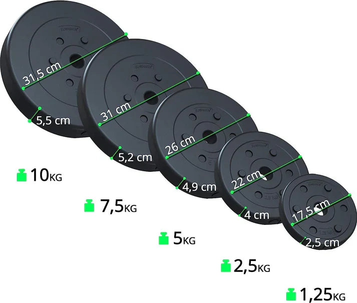 Set de placi de greutati umplute cu ciment, 30/31mm, 30 kg (2x7, 5 + 4x2, 5 + 4x1, 25), negru ScSports
