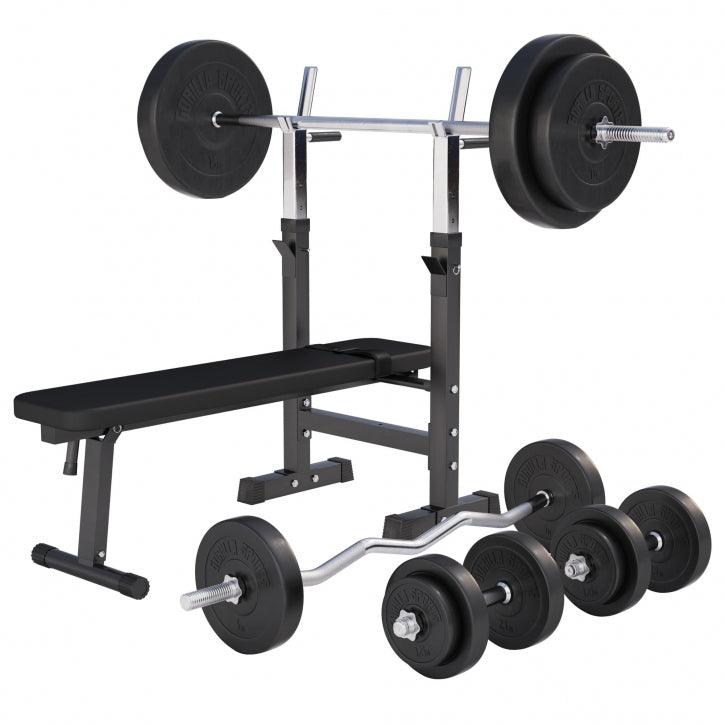 BANCĂ REGLABILĂ PIEPT CU SUPORT + SET DE GREUTĂȚI 100 KG 30/31 MM, Alb/Negru Gorilla Sports