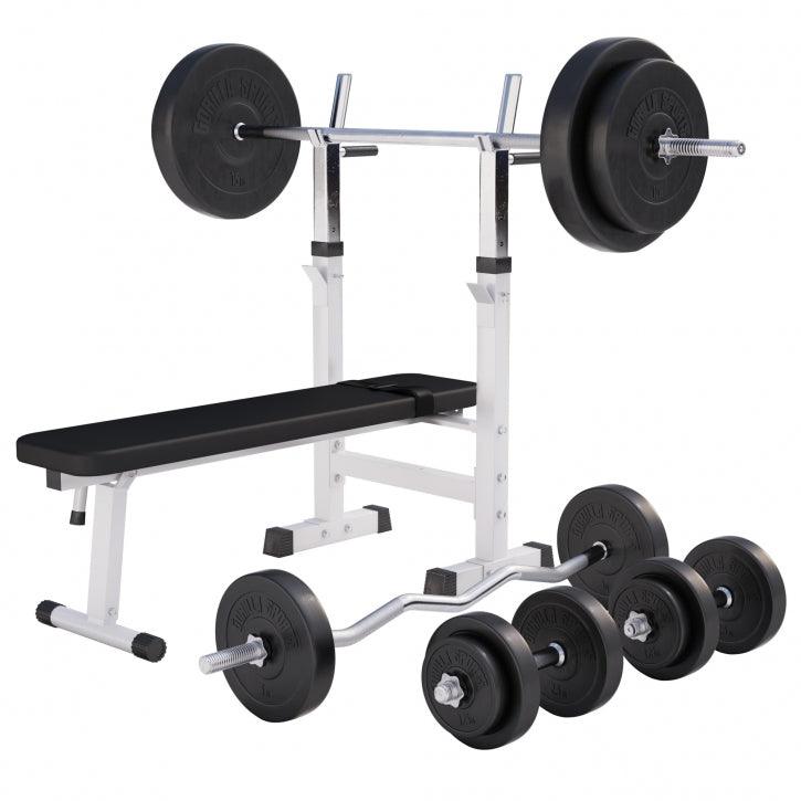 BANCĂ REGLABILĂ PIEPT CU SUPORT + SET DE GREUTĂȚI 100 KG 30/31 MM, Alb/Negru Gorilla Sports