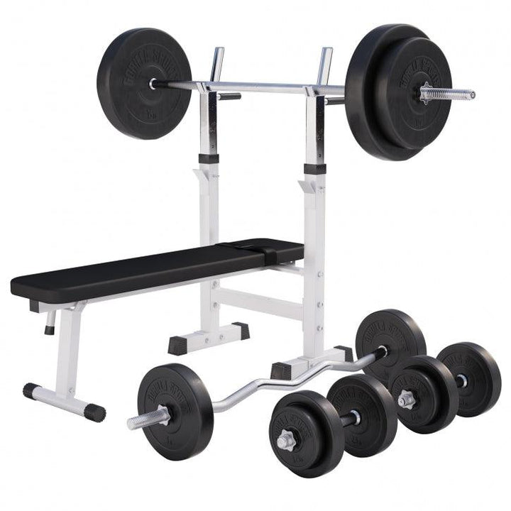 BANCĂ REGLABILĂ PIEPT CU SUPORT + SET DE GREUTĂȚI 100 KG 30/31 MM, Alb/Negru Gorilla Sports