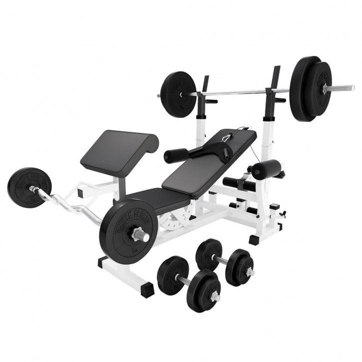 BANCA MULTIFUNCTIONALA FITNESS + SET GREUTĂȚI 100 KG 30/31 MM, Alb/Negru Gorilla Sports