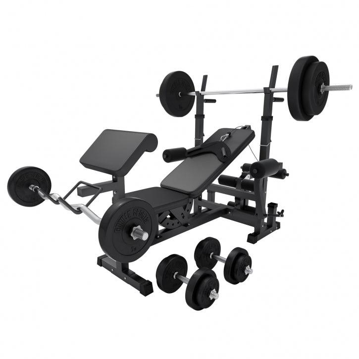 BANCA MULTIFUNCTIONALA FITNESS + SET GREUTĂȚI 100 KG 30/31 MM, Alb/Negru Gorilla Sports
