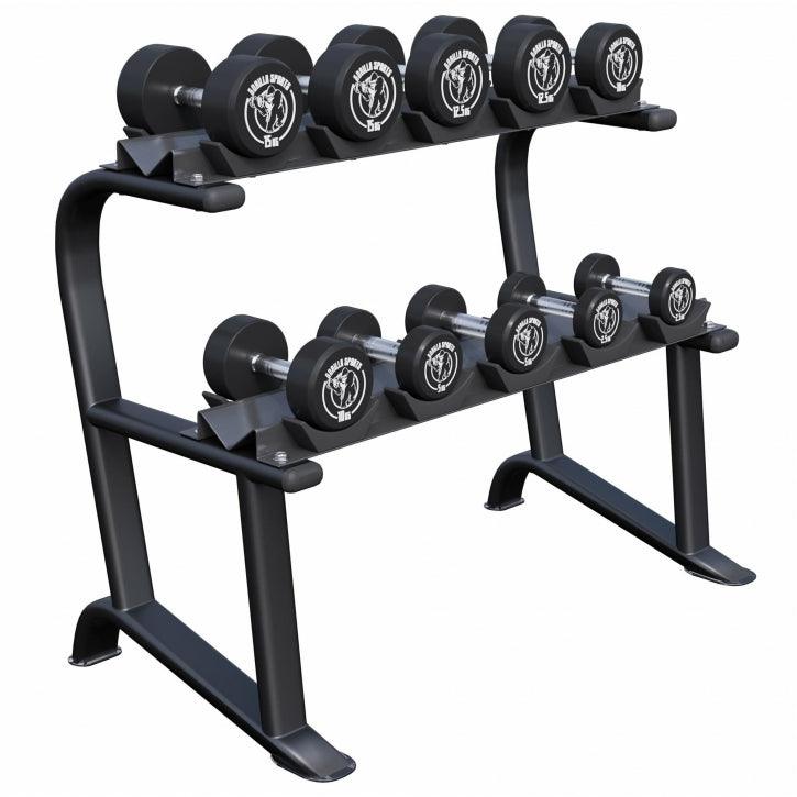 Suport pentru gantere + set de gantere, de cauciuc, 90 KG Gorilla Sports