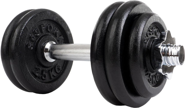 Set de discuri cu greutati si bara de gantere, 12.5 KG (4x 2.5 + 2x 1.25), 30/31mm, fonta, blocare cu stea ScSports