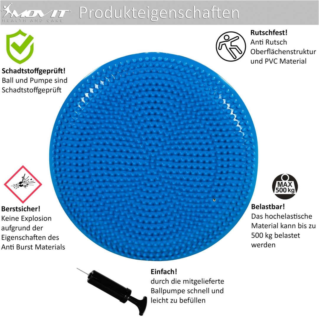 Pernă cu aer fitness, MOVIT®, 38 cm, albastra, inclusiv pompă de aer - Gorilla Sports Ro