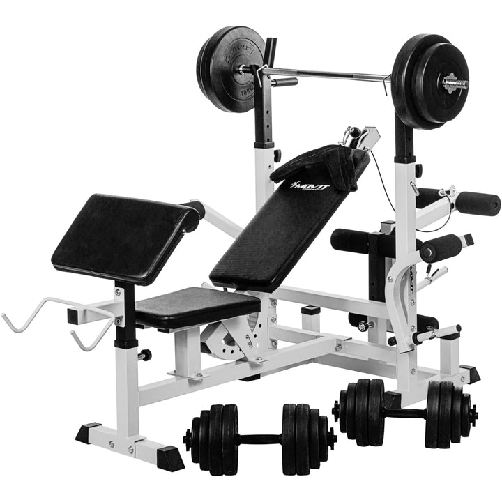 Banca multifunctionala, MOVIT®, inclusiv gantere de 60 Kg, alb - Gorilla Sports Ro