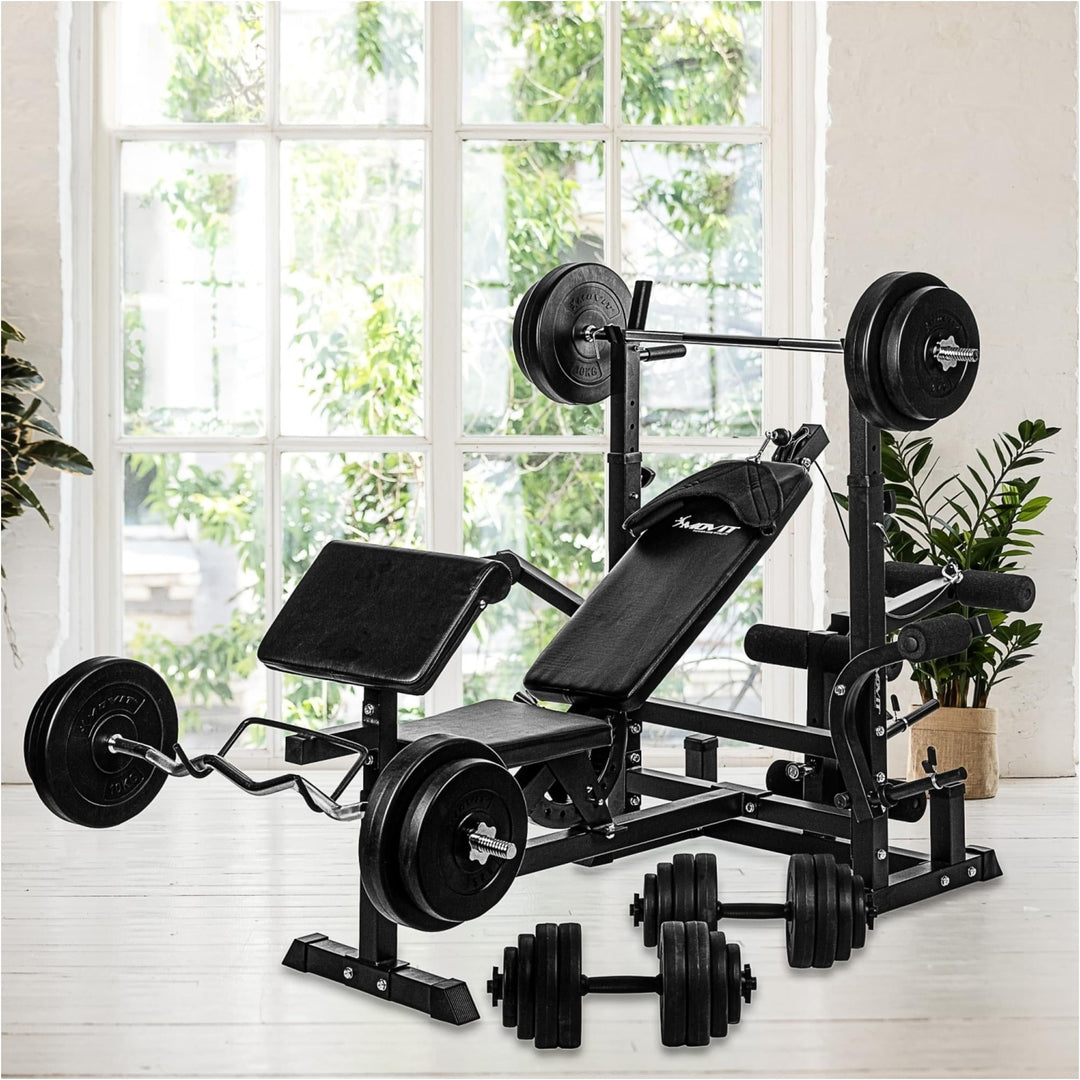 Banca multifunctionala, MOVIT®, inclusiv gantere de 115 Kg - Gorilla Sports Ro