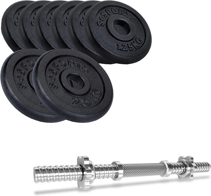Set de placi cu greutati si bara de gantere, 12.5 KG (2x 2.5 + 6x 1.25), 30/31mm, fonta, blocare cu stea ScSports
