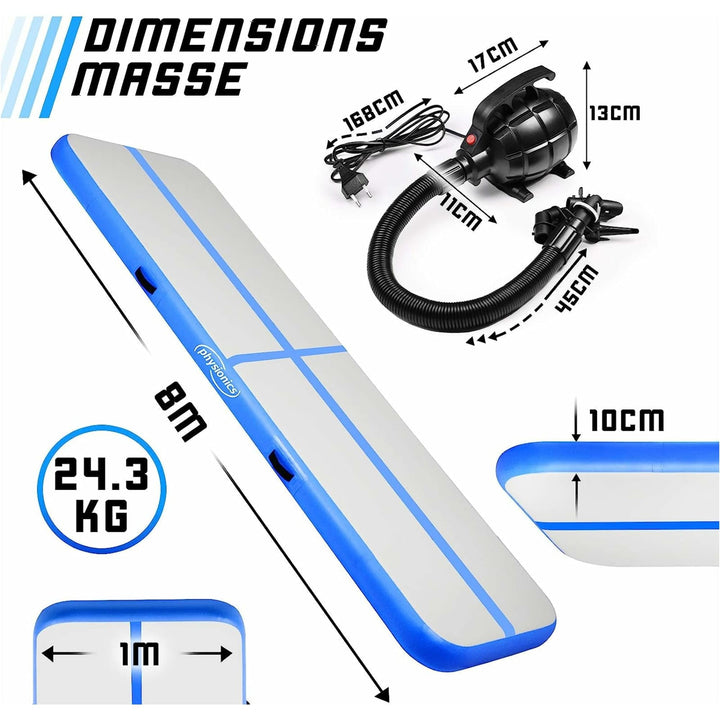 Saltea gimnastica gonflabila, albastra, cu pompa electrica, 300x100x10 cm, Physionics - Gorilla Sports Ro