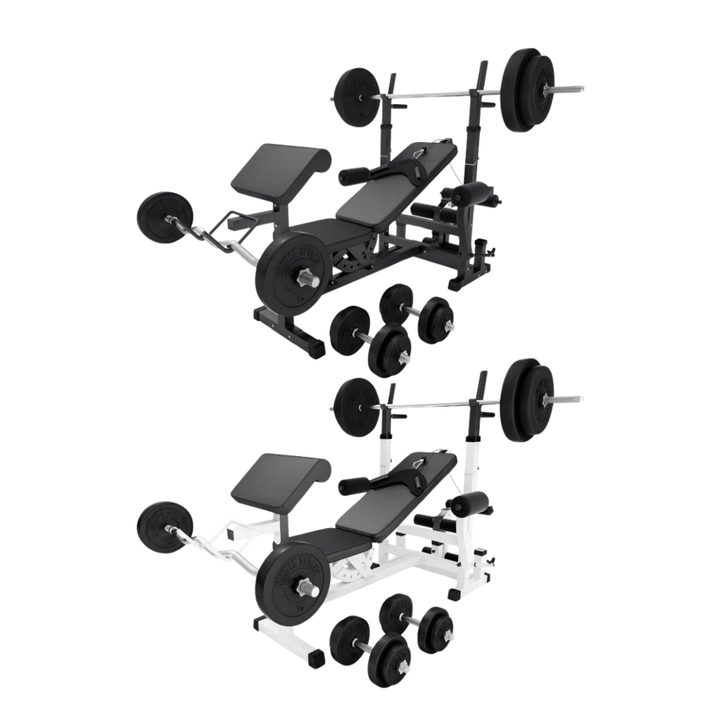 BANCA MULTIFUNCTIONALA FITNESS + SET GREUTĂȚI 100 KG 30/31 MM, Alb/Negru Gorilla Sports