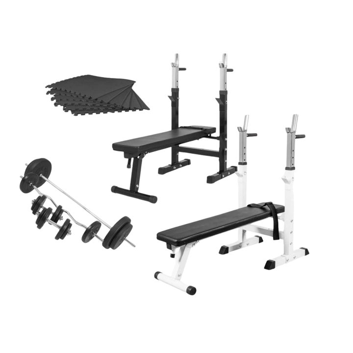 Set complet Banca de piept + set greutati 100 kg 30/31 MM Alb/Negru Gorilla Sports