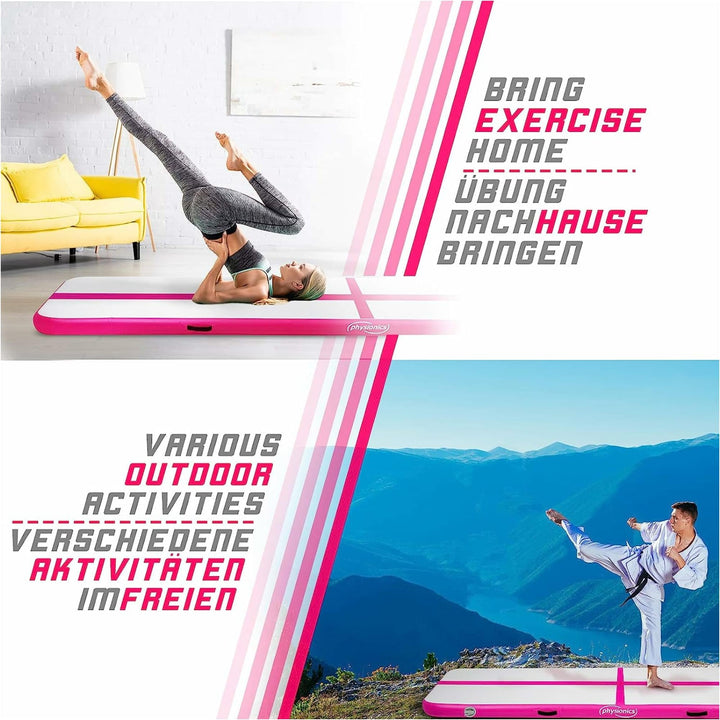 Saltea gimnastica gonflabila, rosie, cu pompa electrica, 400x100x10 cm, Physionics - Gorilla Sports Ro