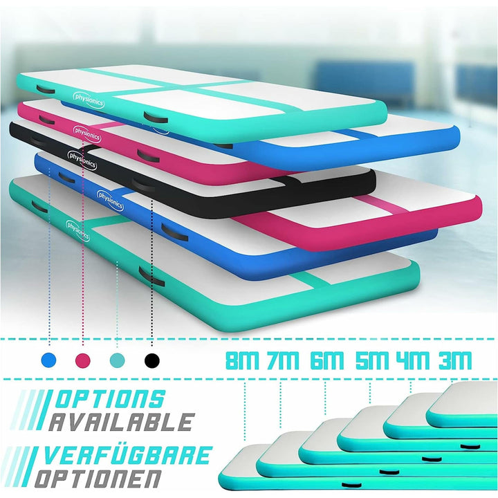 Saltea gimnastica gonflabila, turcoaz, cu pompa electrica, 400x100x10 cm, Physionics - Gorilla Sports Ro