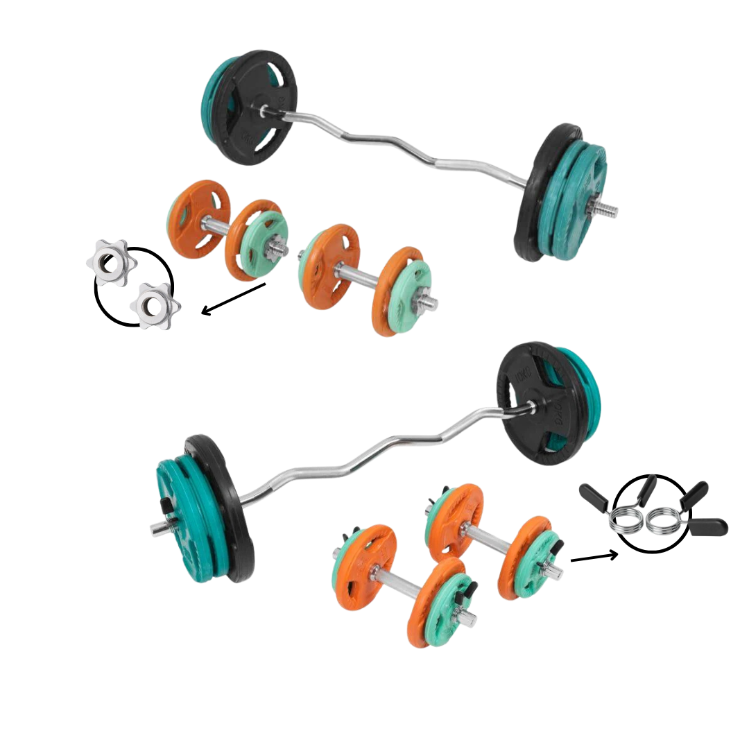 Set bara si gantere cu siguranta de cauciuc cu clema/stea, 70 kg, discuri din fier Gorilla Sports