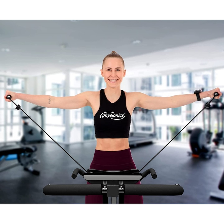 Bicicleta fitness, senzor puls ghidon, display LCD monitorizeaza timpul, viteza, scanare, pulsul, caloriile si odometru, suport telefon, scaun reglabil, pliabila, 42.5 x 77 x 115 cm cm PHYSIONICS