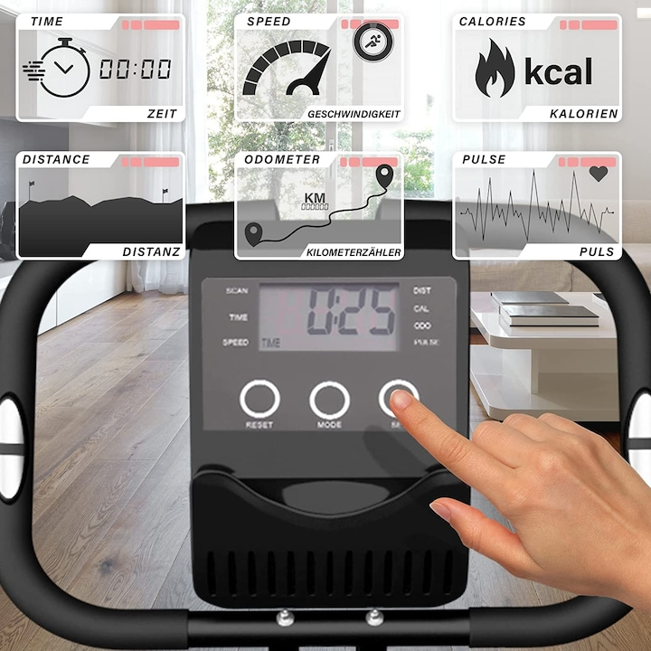 Bicicleta fitness, senzor puls ghidon, display LCD monitorizeaza timpul, viteza, scanare, pulsul, caloriile si odometru, suport telefon, scaun reglabil, pliabila, 42.5 x 77 x 115 cm cm PHYSIONICS