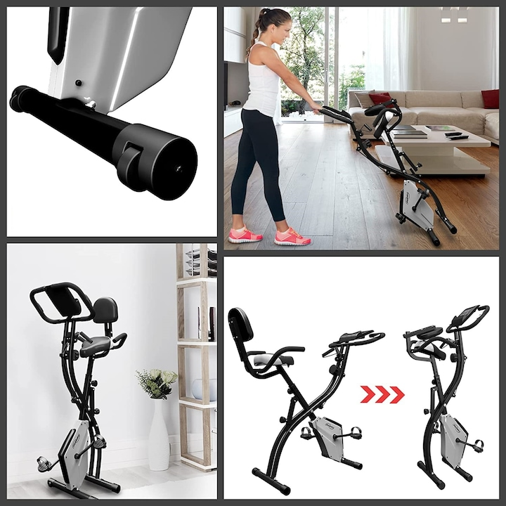 Bicicleta fitness, senzor puls ghidon, display LCD monitorizeaza timpul, viteza, scanare, pulsul, caloriile si odometru, suport telefon, scaun reglabil, pliabila, 42.5 x 77 x 115 cm cm PHYSIONICS